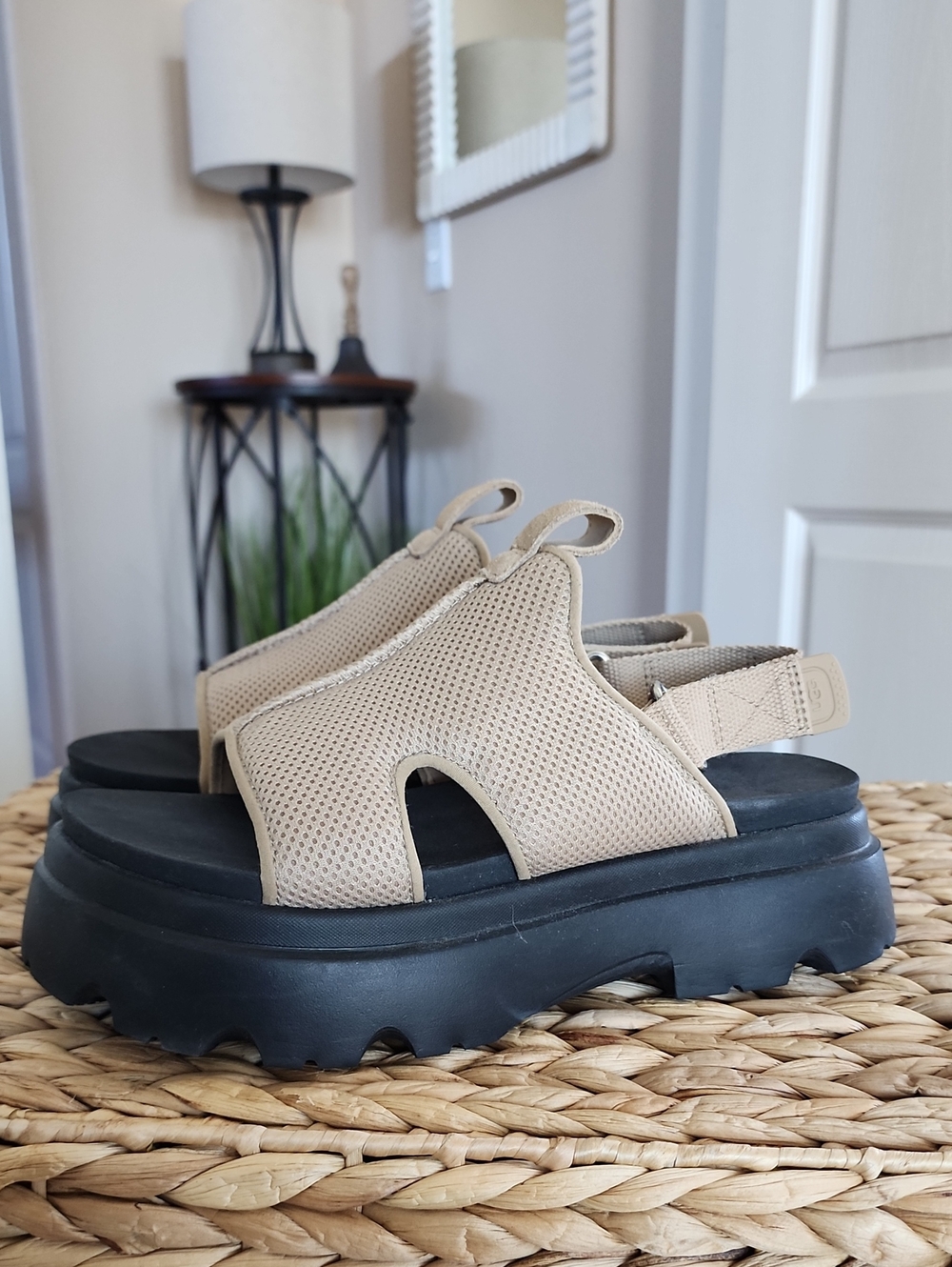 UGG Celeste Beige Platform Sandal with Chunky Black Sole